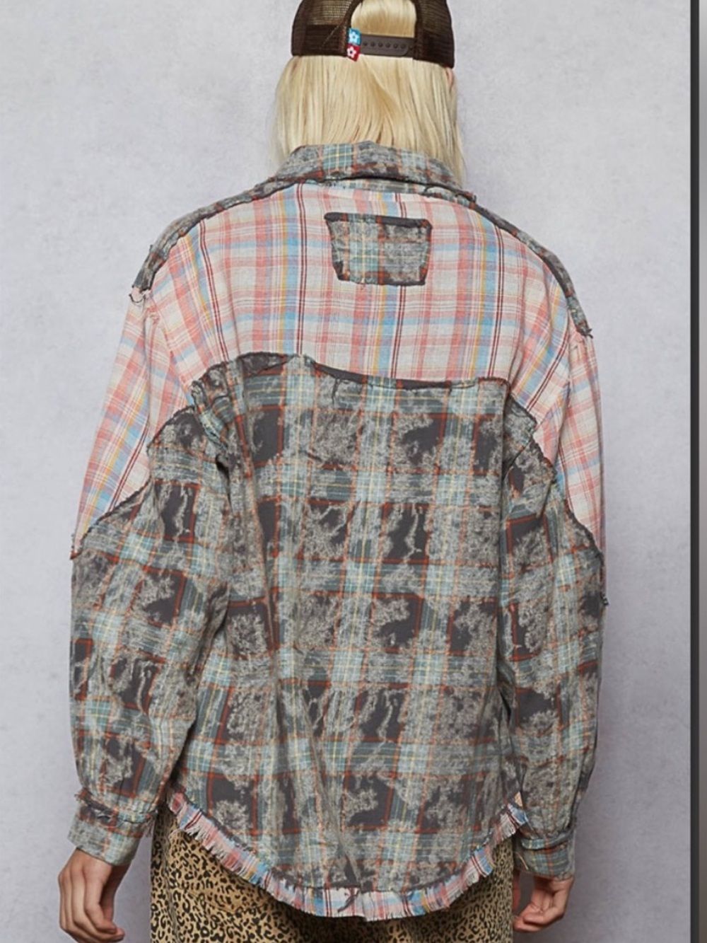 POL Patchwork Plaid Button-Down Shirt pocket Shacket - Pink, Gray, Blue - Picture 5 of 5
